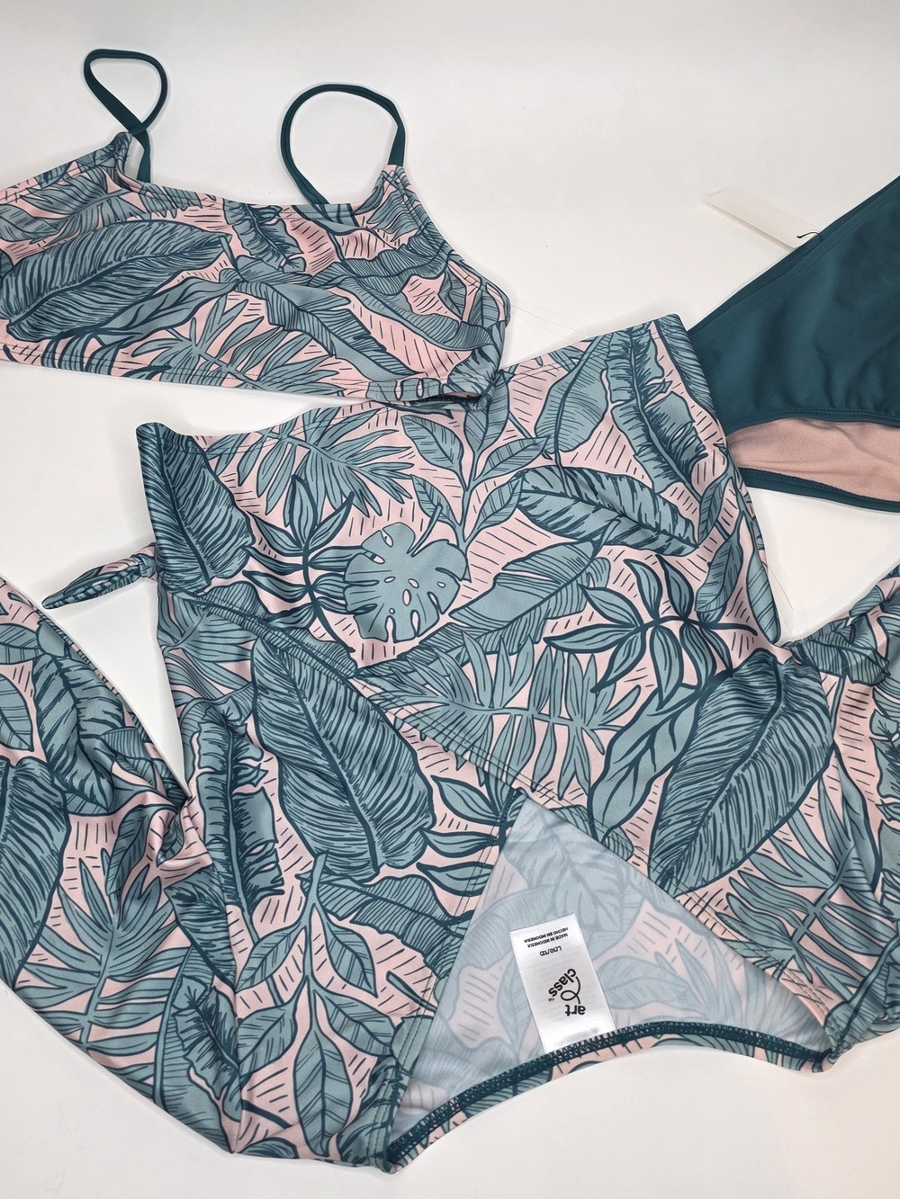 Art Class Pink & Teal Tropical Leaf Girls Bikini 3 Piece Set